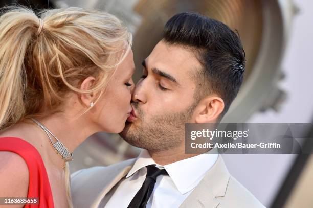 Britney Spears and Sam Asghari attend Sony Pictures' "Once Upon a Time ... In Hollywood" Los Angeles Premiere on July 22, 2019 in Hollywood,...