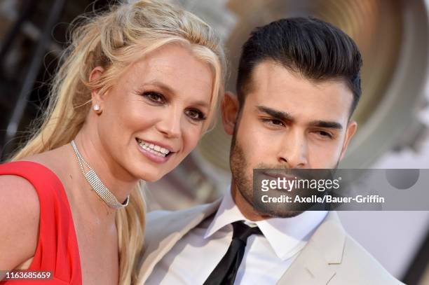 Britney Spears and Sam Asghari attend Sony Pictures' "Once Upon a Time ... In Hollywood" Los Angeles Premiere on July 22, 2019 in Hollywood,...