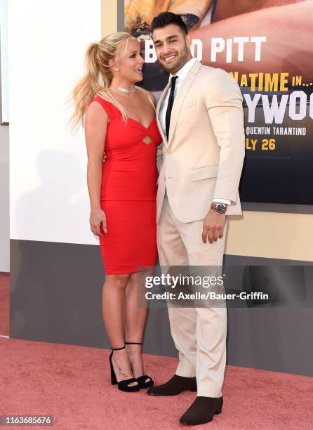 Britney Spears and Sam Asghari attend Sony Pictures' "Once Upon a Time ... In Hollywood" Los Angeles Premiere on July 22, 2019 in Hollywood,...