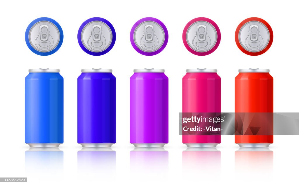 Vector set of glossy colored aluminum cans. Template on a white background with reflection. Vector.