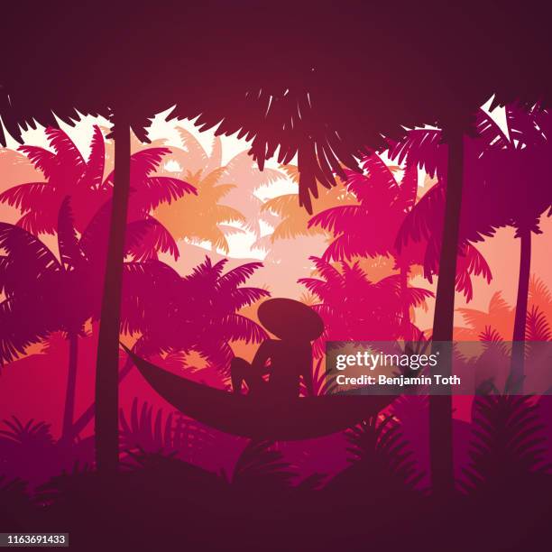 flache minimale palmenwald mit person sitzt in hängematte - hammock-between-palm-trees stock-grafiken, -clipart, -cartoons und -symbole