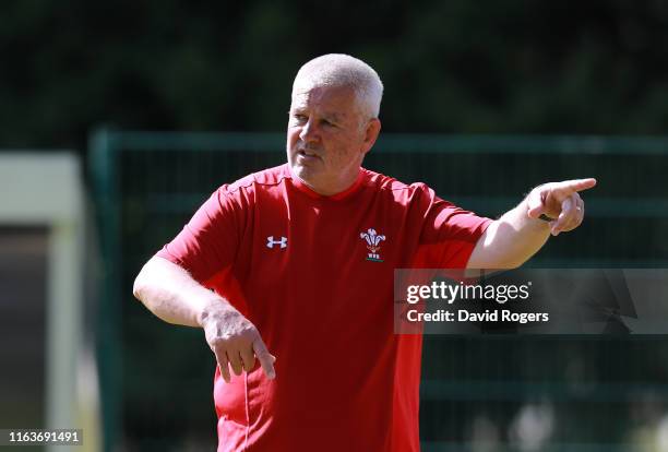 Warren Gatland, the Wales head issues instructions during the Wales pre Rugby World Cup training session on July 20, 2019 in Fiesch, Switzerland.