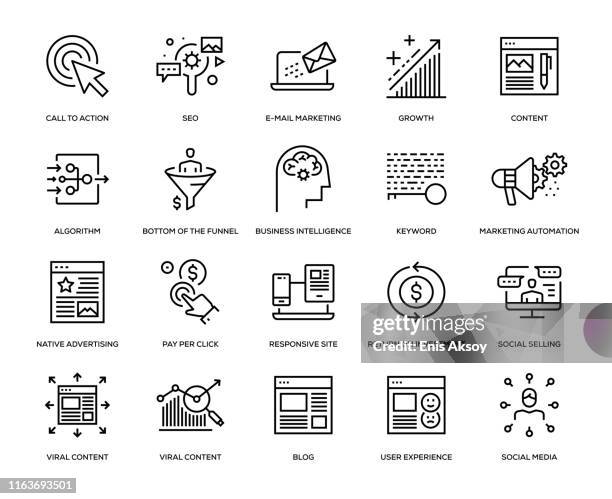 ilustraciones, imágenes clip art, dibujos animados e iconos de stock de conjunto de iconos de marketing entrante - embudo