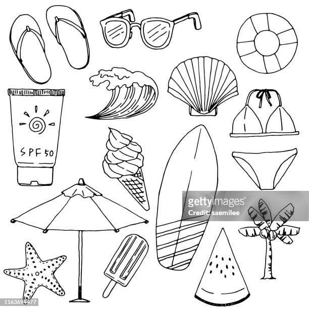 stockillustraties, clipart, cartoons en iconen met zomer vakantie tekening set - parasol