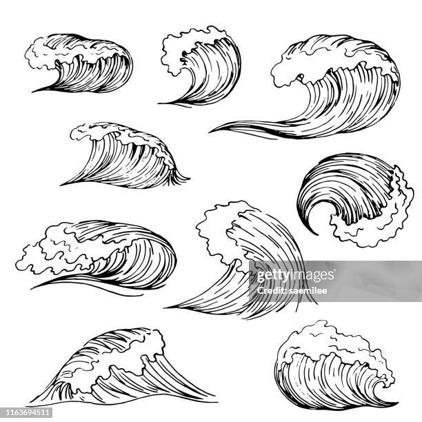 set of wave drawing - splashing sea stock illustrations