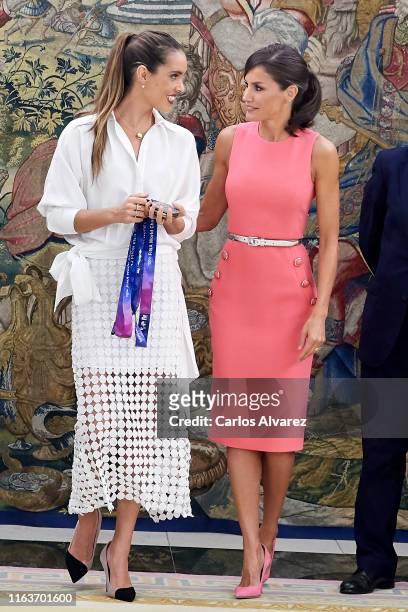 Queen Letizia of Spain receives Spanish synchronized swimmer Ona Carbonell at Zarzuela Palace on July 23, 2019 in Madrid, Spain.