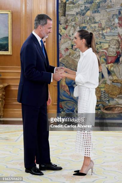 King Felipe VI of Spain receives Spanish synchronized swimmer Ona Carbonell at Zarzuela Palace on July 23, 2019 in Madrid, Spain.