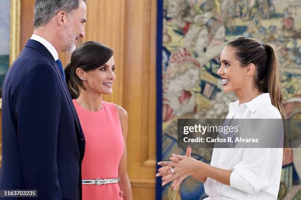 King Felipe VI of Spain and Queen Letizia of Spain receive Spanish synchronized swimmer Ona Carbonell at Zarzuela Palace on July 23, 2019 in Madrid,...