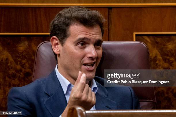 Ciudadanos party leader Albert Rivera gestures during the second day of the investiture debate at the Spanish Parliament on July 23, 2019 in Madrid,...