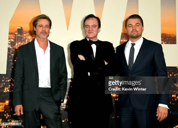 Brad Pitt, Quentin Tarantino and Leonardo DiCaprio arrive at the premiere of Sony Pictures' "One Upon A Time...In Hollywood" at the Chinese Theatre...