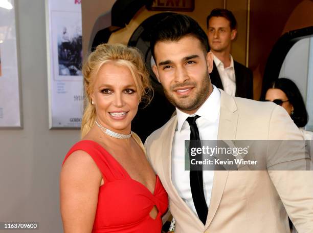 Britney Spears and Sam Asghari arrive at the premiere of Sony Pictures' "One Upon A Time...In Hollywood" at the Chinese Theatre on July 22, 2019 in...