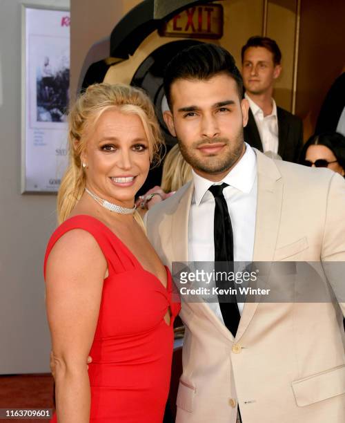 Britney Spears and Sam Asghari arrive at the premiere of Sony Pictures' "One Upon A Time...In Hollywood" at the Chinese Theatre on July 22, 2019 in...