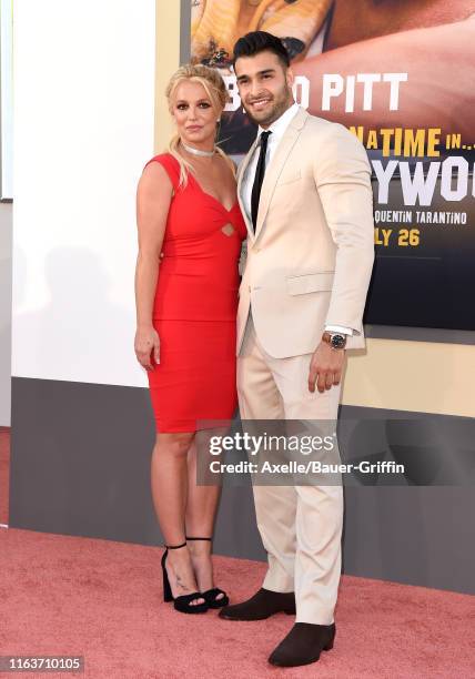 Britney Spears and Sam Asghari attend Sony Pictures' "Once Upon a Time ... In Hollywood" Los Angeles Premiere on July 22, 2019 in Hollywood,...