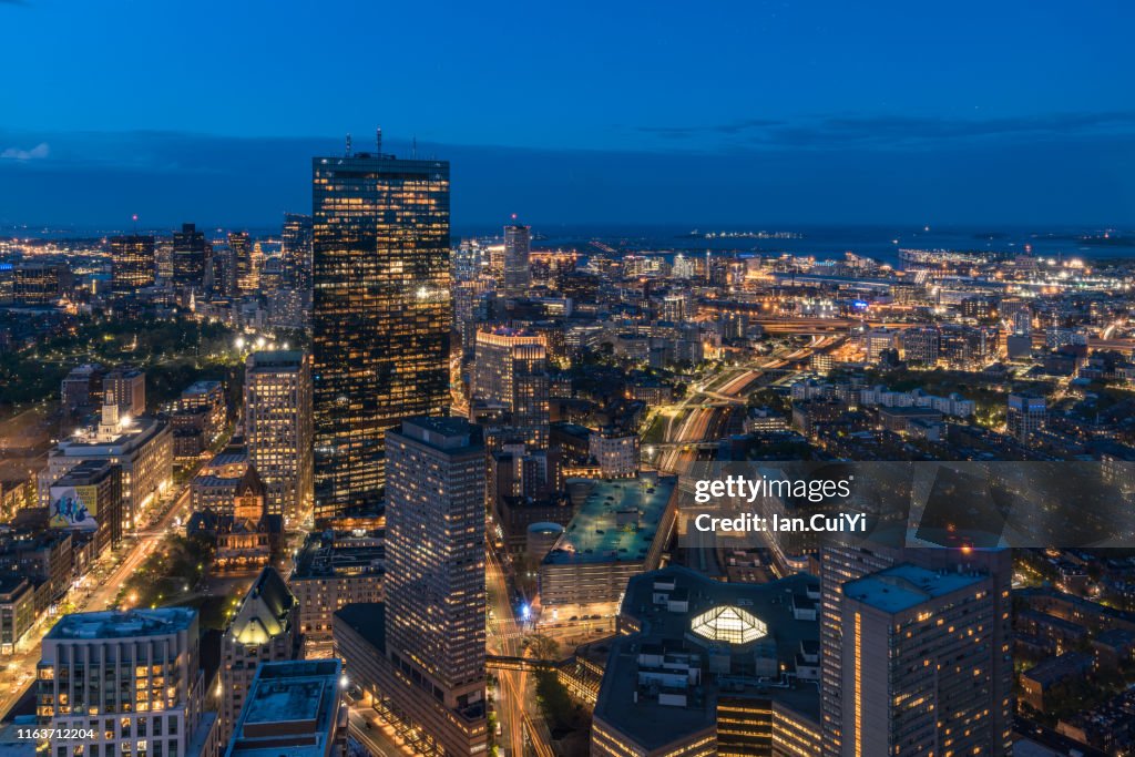 Boston cityscape from the Skywalk Observatory of the Prudential Center at Sunset, Boston, Massachusetts, United States (Dusk)