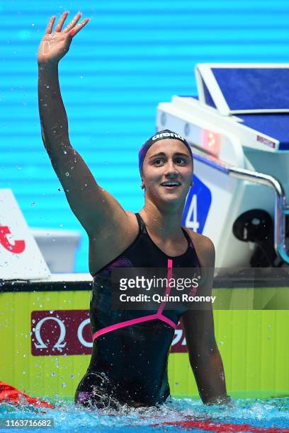 Simona Quadarella of Italy celebrates after winning the Women's 1500m Freestyle Final on day three of the Gwangju 2019 FINA World Championships at...