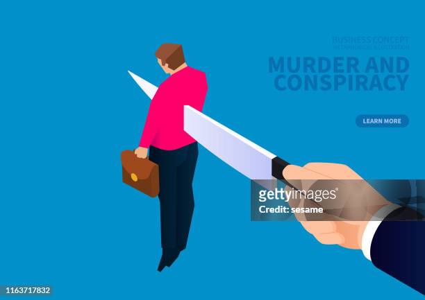 ilustraciones, imágenes clip art, dibujos animados e iconos de stock de asesinato y conspiración comercial, cuchillo afilado perforando el cuerpo del hombre de negocios - puñalada por la espalda