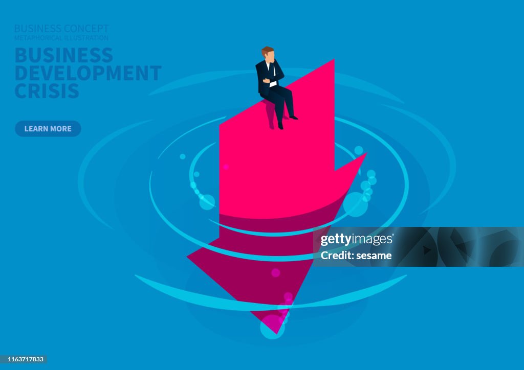 Business development deteriorates, businessman desperately sits on the arrow falling into the water