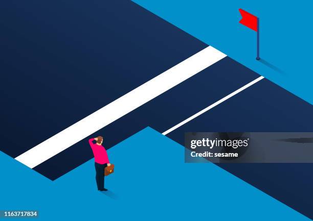 businessman standing next to the gully thinking about choosing a dangerous shortcut or choosing a distant safe way to reach the end - narrow wide stock illustrations