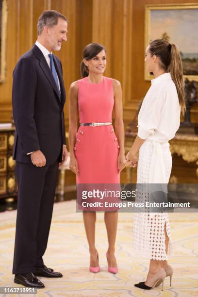 King Felipe and Queen Letizia of Spain receive Spanish synchronized swimmer Ona Carbonell at Zarzuela Palace on July 23, 2019 in Madrid, Spain.