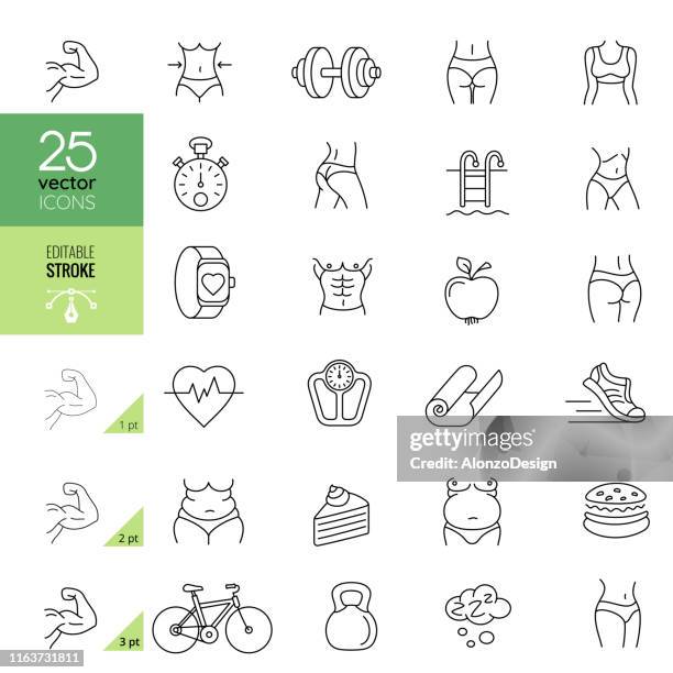 ilustraciones, imágenes clip art, dibujos animados e iconos de stock de iconos de línea relacionados con el fitness. trazo editable. - females