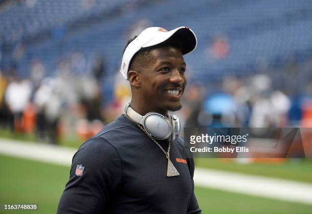 Anthony Miller of the Chicago Bears talks with fans before the start of the preseason game against the Indianapolis Colts at Lucas Oil Stadium on...