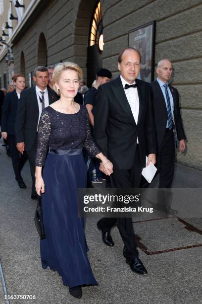 Dr. Ursula von der Leyen and Heiko von der Leyen arrive for the opera "Simon Boccanegra" during the Salzburg Festival on August 24, 2019 in Salzburg,...