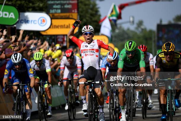 Arrival / Caleb Ewan of Australia and Team Lotto Soudal / Celebration / Dylan Groenewegen of The Netherlands and Team Jumbo-Visma / Elia Viviani of...