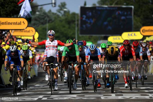 Arrival / Caleb Ewan of Australia and Team Lotto Soudal / Celebration / Elia Viviani of Italy and Team Deceuninck - Quick-Step / Dylan Groenewegen of...