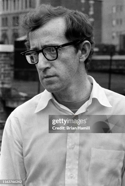 Close-up of American actor and film director Woody Allen on the set of his film 'Annie Hall,' New York, New York, 1977.