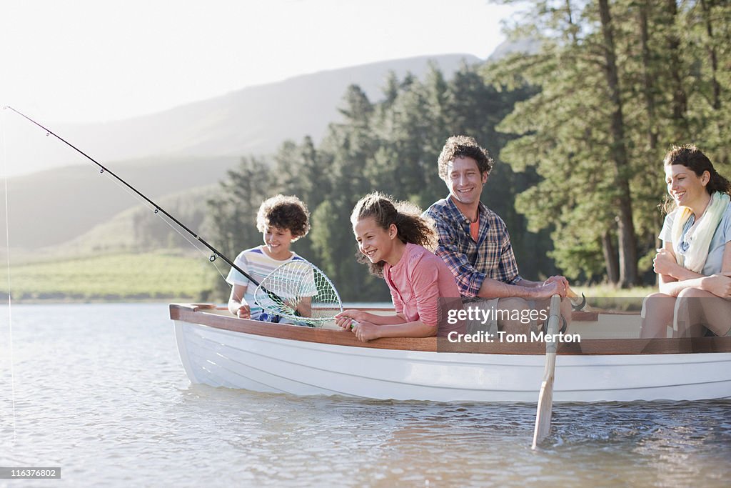 Family fishing in boat on lake