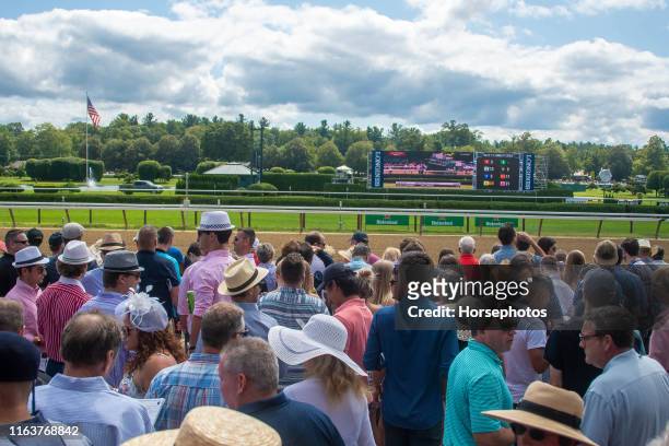 Saratoga grandstand packed with racing fan on Travers Day at Saratoga Race Course on August 24, 2019 in Saratoga Springs, New York