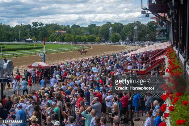 Saratoga grandstand packed with racing fan on Travers Day at Saratoga Race Course on August 24, 2019 in Saratoga Springs, New York