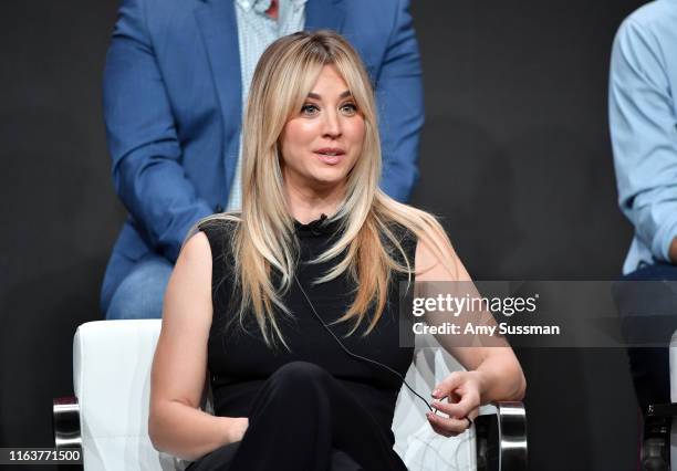 Kaley Cuoco from "Harley Quinn" speaks onstage at the DC Universe panel during the 2019 Summer TCA Press Tour at The Beverly Hilton Hotel on July 23,...