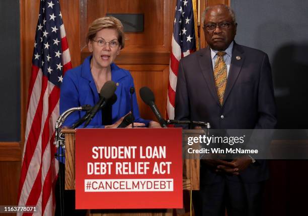Sen. Elizabeth Warren speaks during a press conference on Capitol Hill July 23, 2019 in Washington, DC. Warren spoke with Rep. Jim Clyburn on...