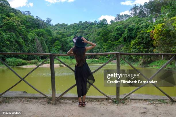 rear view of woman looking at landscape during sunny day - caracas venezuela fotografías e imágenes de stock