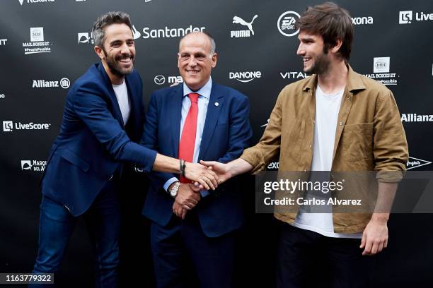 Roberto Leal, La Liga President Javier Tebas and Lucas Vidal attend 'Identidad Sonora' LaLiga presentation at Francisco Giner de los Rios Foundation...