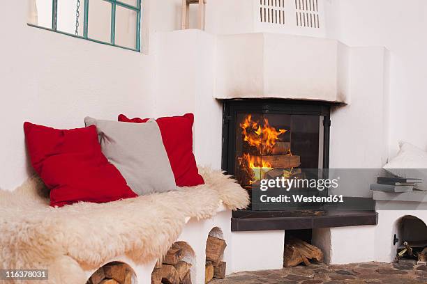 germany, kratzeburg, fireplace in living room at country house - coussin photos et images de collection