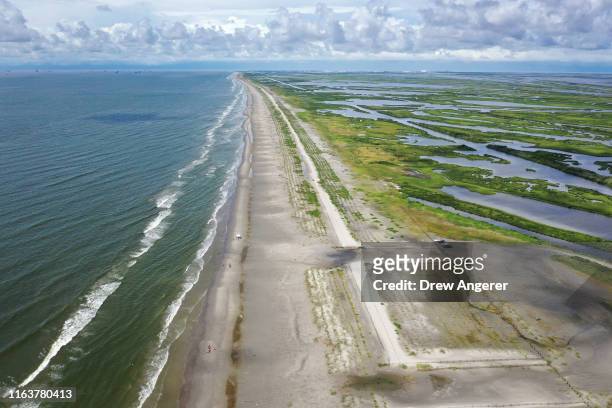 View of the newly restored Caminada Headland, a 13-mile-long barrier island system that buffers the Louisiana coast from tropical storms and surge,...