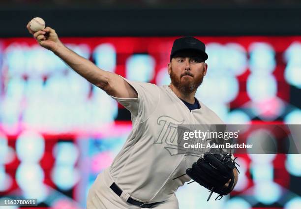 Sam Dyson of the Minnesota Twins pitches in the seventh inning against the Detroit Tigers at Target Field on August 24, 2019 in Minneapolis,...