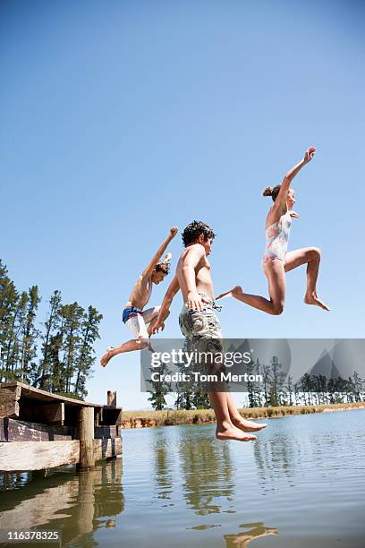 kids jumping in lake - group-of-friends-jumping-off-dock-into-lake stock pictures, royalty-free photos & images