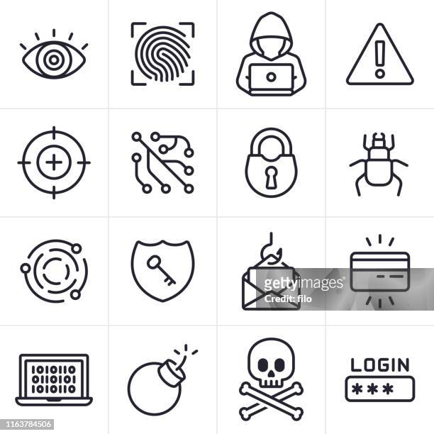 illustrazioni stock, clip art, cartoni animati e icone di tendenza di icone e simboli di hacking e criminalità informatica - crimine