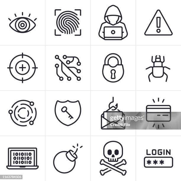 hacking and computer crime icons and symbols - skull symbol text stock illustrations