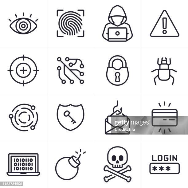 hacking and computer crime icons and symbols - computer hacker stock illustrations