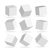 Vector set of white cubes. 3d square boxes under different angles. Paper style rotated containers for icons, logos. Three dimensional floating monochrome design elements isolated on white.