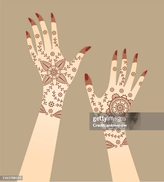 henna tattoo auf den händen - henna hands stock-grafiken, -clipart, -cartoons und -symbole