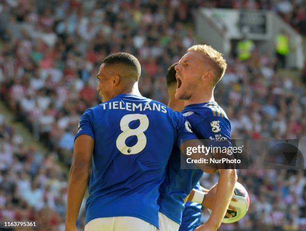 Jamie Vardy celebrates scoring Leicester Citys first goal during English Premier League between Sheffield United and Leicester City at Bramall Lane...