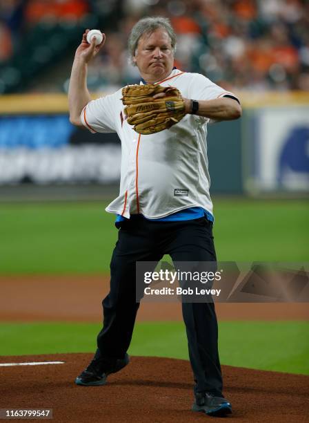 Rick Armstrong, son of Apollo 11 astronaut Neil Armstrong throws out the first pitch as part of a salute to the 50th Anniversary of Apollo 11 and...
