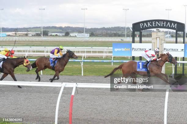 Abyssinian ridden by Carleen Hefel wins the Laurie Fenton Memorial Get Out Stakes BM58 Handicap at Racing.com Park Synthetic Racecourse on August 25,...