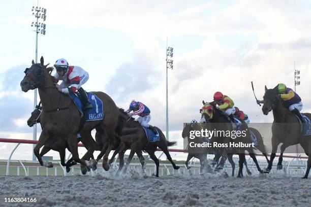 Abyssinian ridden by Carleen Hefel wins the Laurie Fenton Memorial Get Out Stakes BM58 Handicap at Racing.com Park Synthetic Racecourse on August 25,...