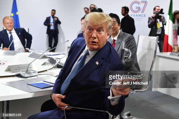 President Donald Trump attends the first working session of the G7 Summit on August 25, 2019 in Biarritz, France. The French southwestern seaside...